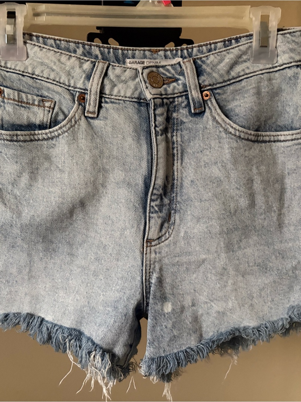 GARAGE Denim Light Wash Frayed Hem mom jean shorts